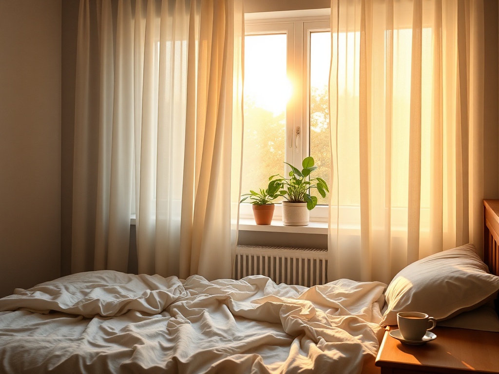 "Serene morning bedroom" "soft golden sunlight through sheer curtains" "potted green plants on windowsill" "cozy unmade bed with linen" "cup of tea on bedside table"