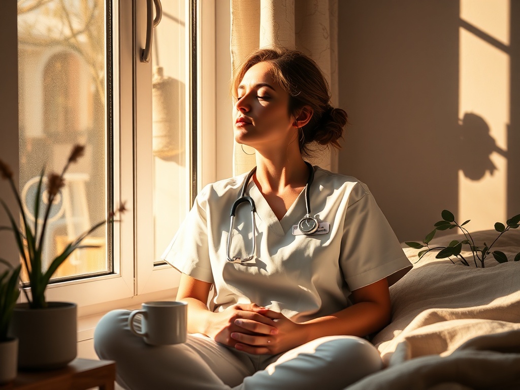"female nurse resting against a sunlit window" "soft warm morning light" "cozy minimalist bedroom" "calm breathing pose, eyes closed" "gentle plants and a steaming mug" "subtle shadow, peaceful resilience"