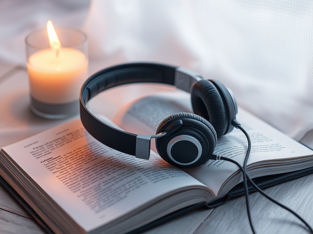 "a serene listening scene" "soft headphones resting on an open journal" "warm candlelight glow" "gentle waves background" "muted pastel palette"