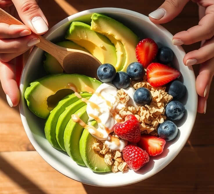 "fresh vibrant breakfast bowl" "sliced avocado, berries, granola, yogurt drizzle" "sunlit wooden table" "hands reaching with wooden spoon"