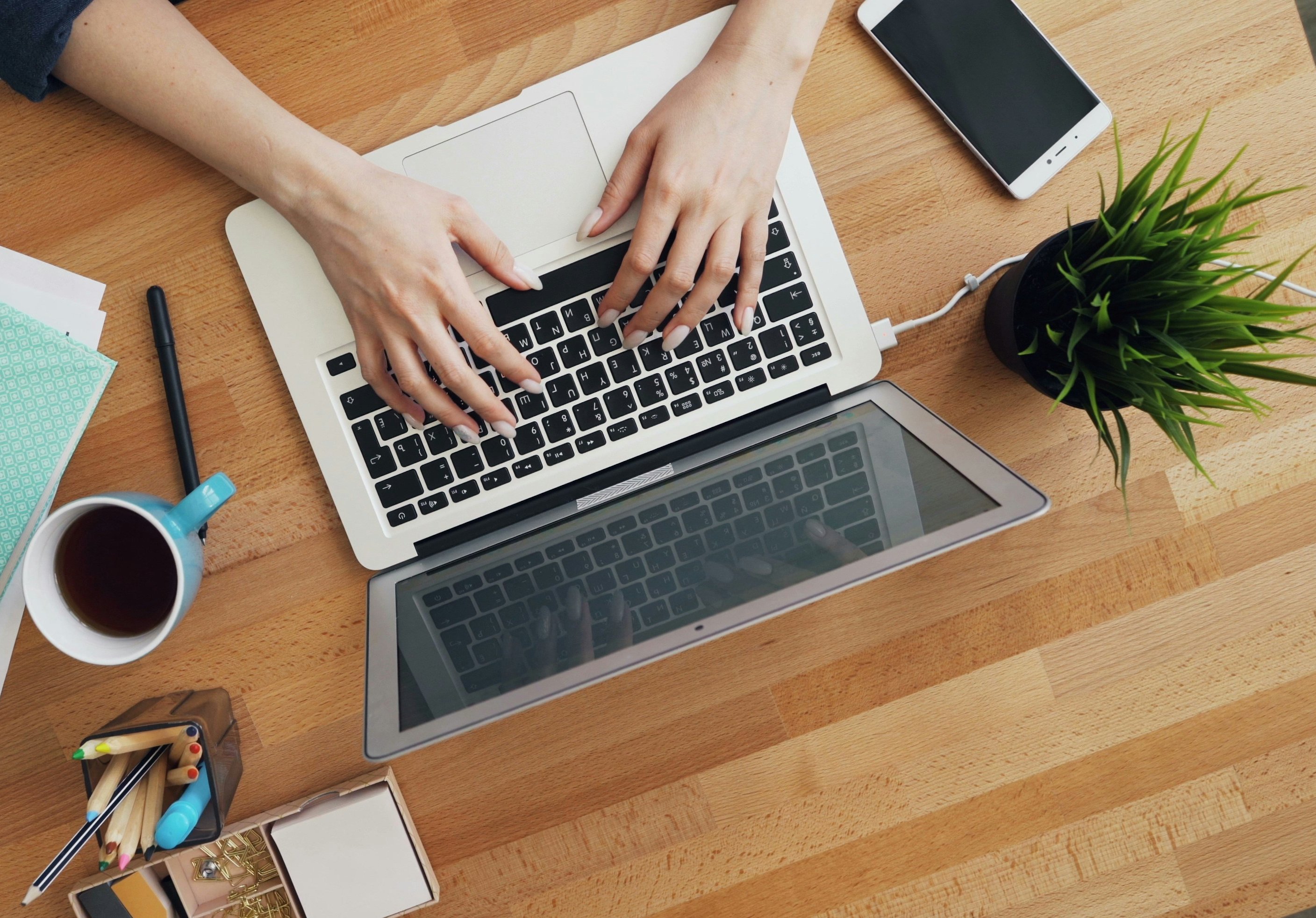 Female hands typing using laptop computer in office communicating at work