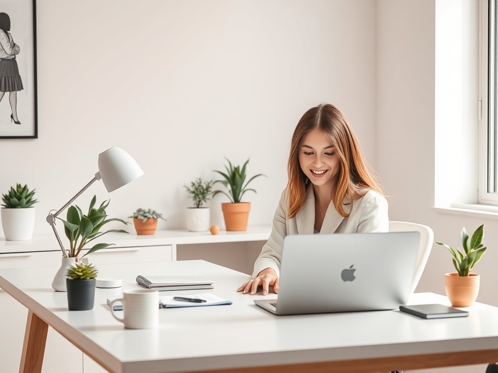"a calm modern workspace" "female entrepreneur at desk, laptop glowing" "soft natural light, plants, coffee cup" "minimalist brand moodboard, pastel colors" "warm, focused atmosphere, professional"