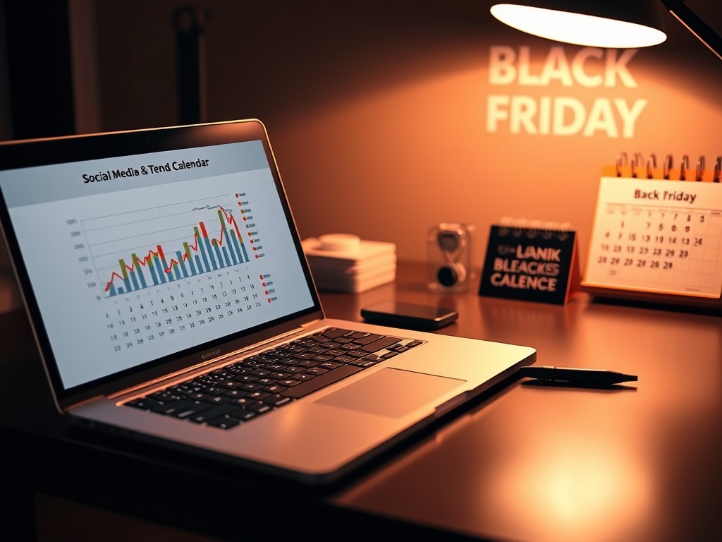 A sleek, modern desk with a glowing laptop displaying social media trend graphs, a calendar, and a pen; warm lighting, black Friday vibe.