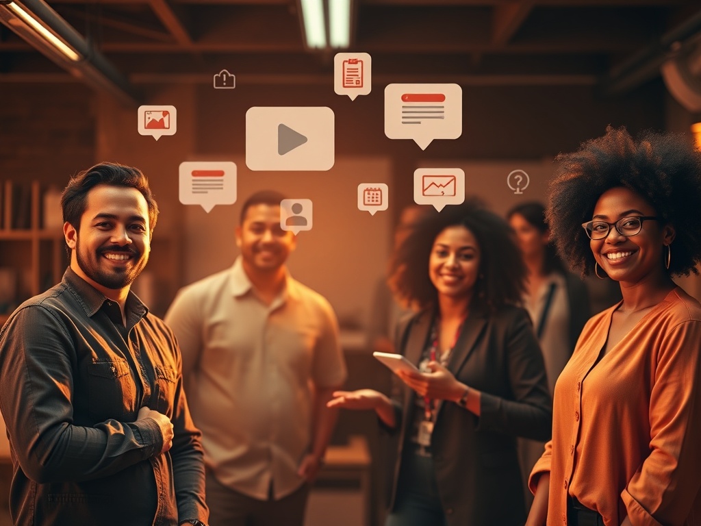 “four diverse entrepreneurs” in warm workshop light, “floating chat bubbles, module icons, calendar pages, social cards” merging into one glowing “content pipeline”