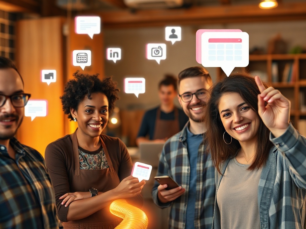 “four diverse entrepreneurs” in warm workshop light, “floating chat bubbles, module icons, calendar pages, social cards” merging into one glowing “content pipeline”
