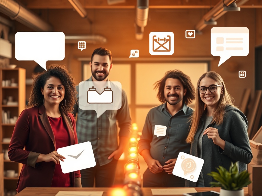 “four diverse entrepreneurs” in warm workshop light, “floating chat bubbles, module icons, calendar pages, social cards” merging into one glowing “content pipeline”