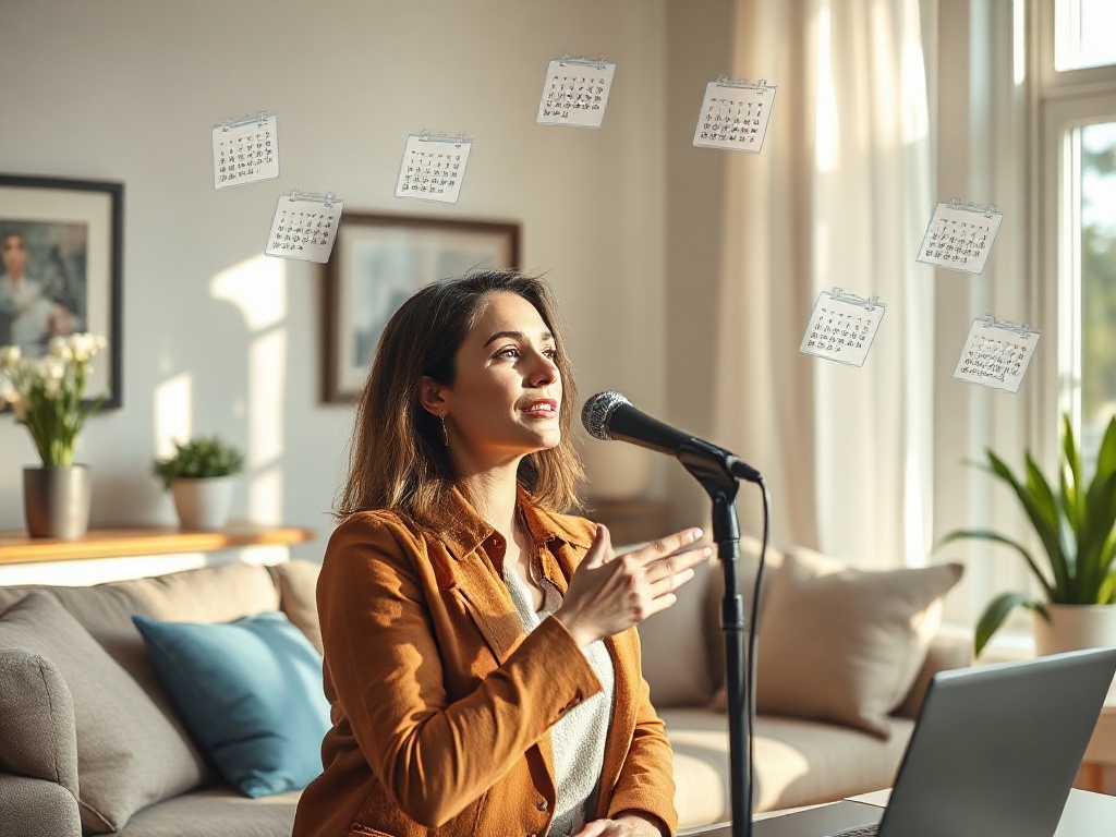 Serene Flemish living-room scene, solo entrepreneur woman speaking into a microphone, holographic content calendar icons orbiting, warm sunlight, calm confident mood, modern minimal style, no logos