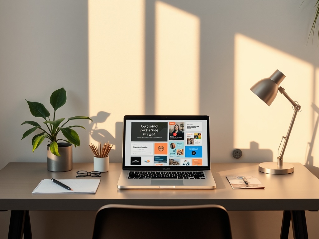 "modern workspace" "open laptop with colorful brand assets scattered" "soft morning light" "calm minimalist desk" "fresh green plant"