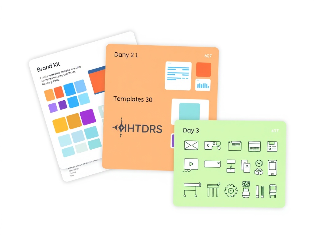 "Three stacked workshop cards" "day 1 blue brand kit setup with color swatches and fonts" "day 2 orange templates and layout grids" "day 3 green component library and workflow icons" "clean modern flat vector style"