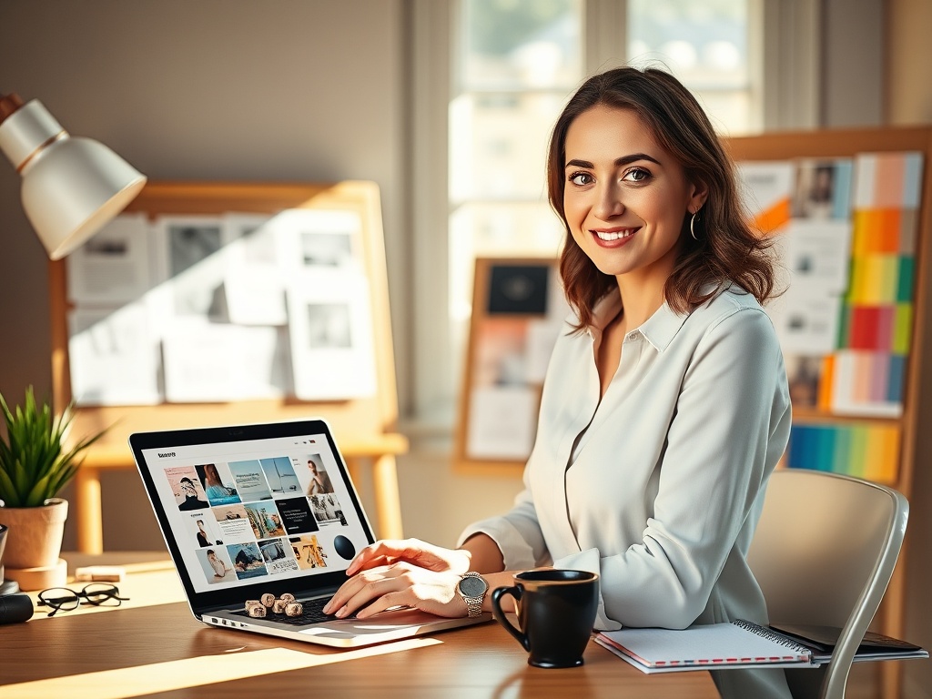 "Confident female designer at sunlit desk" "laptop with template thumbnails" "moodboard and color swatches" "organized planner, coffee cup" "soft warm colors, professional, inspiring atmosphere"