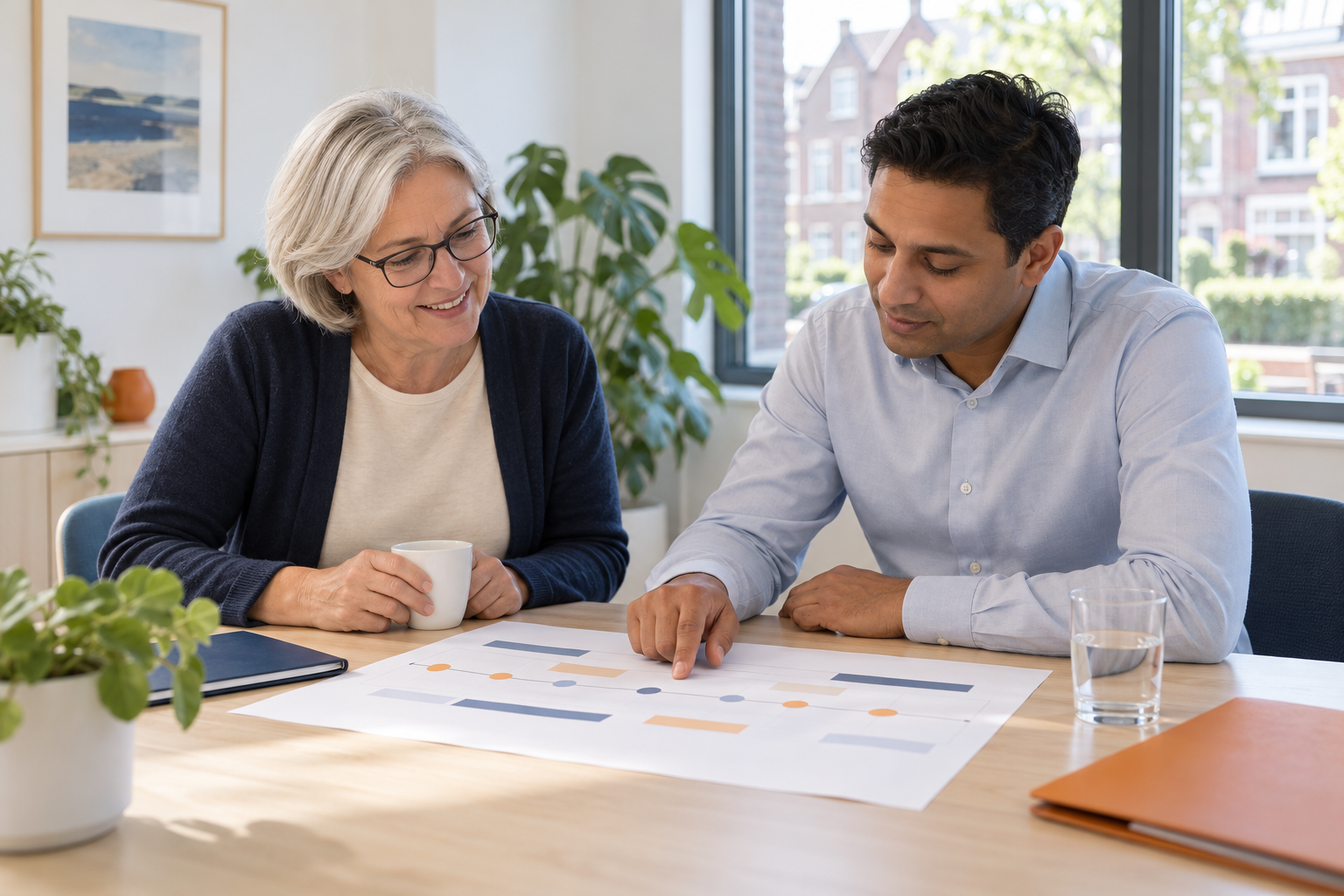 Twee collega's bespreken een planning aan tafel