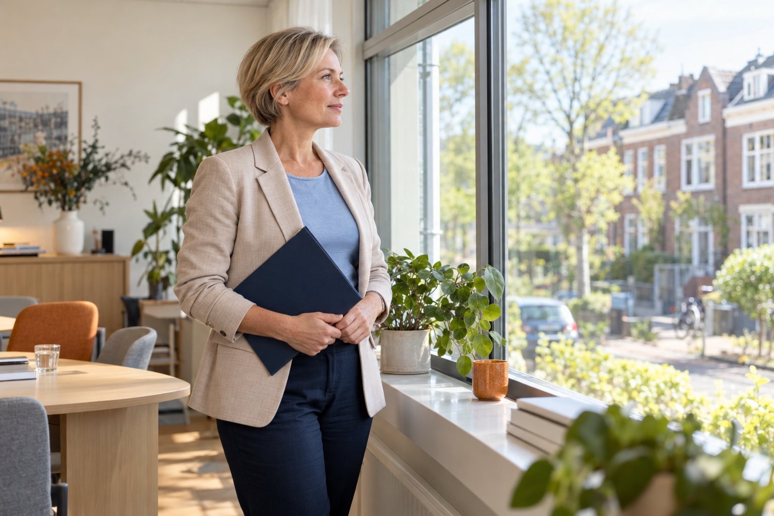 Vrouw met een map bij het raam in een praktijk