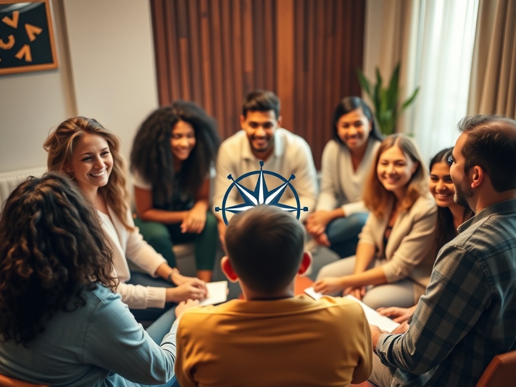 "Diverse group of people smiling" "circle workshop setting" "soft warm lighting" "calm colors teal and beige" "personal notes and compass iconography"