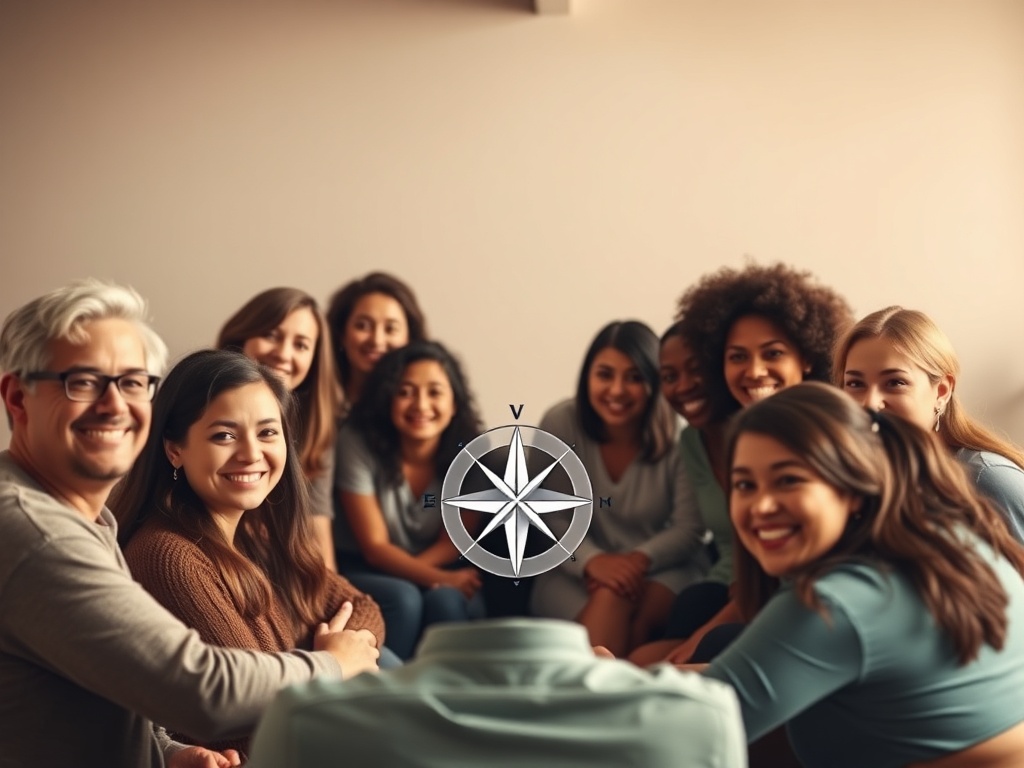 "Diverse group of people smiling" "circle workshop setting" "soft warm lighting" "calm colors teal and beige" "personal notes and compass iconography"