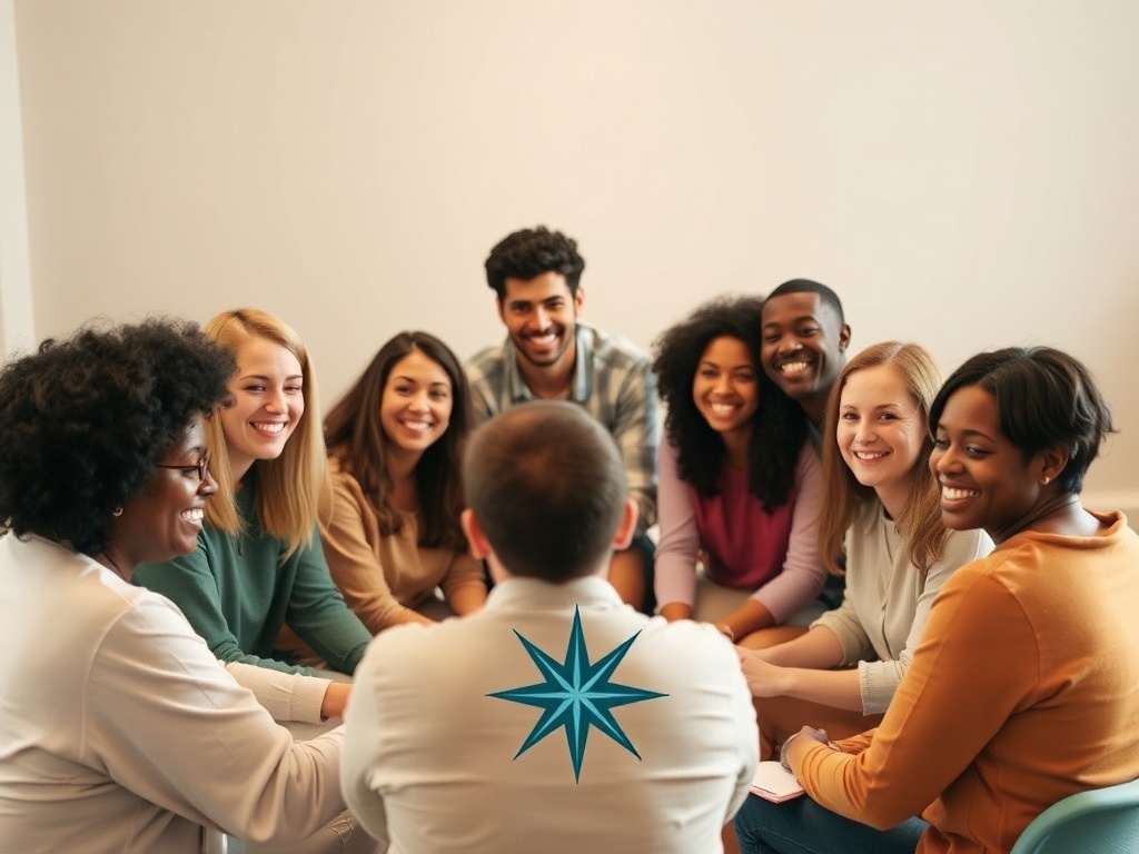 "Diverse group of people smiling" "circle workshop setting" "soft warm lighting" "calm colors teal and beige" "personal notes and compass iconography"