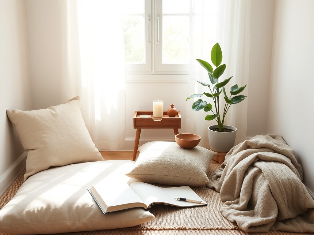 "Serene home meditation corner" "soft morning light through window" "simple cushion and folded blanket" "small wooden altar with candle and bowl" "potted green plant" "open journal and pen" "calm muted color palette"