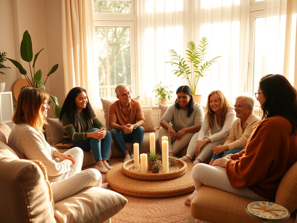 "Warm cozy community circle" "diverse people sitting in a sunlit living room" "soft cushions, candles, plants" "calm expressions, sharing, gentle smiles" "subtle warm color palette, morning light"