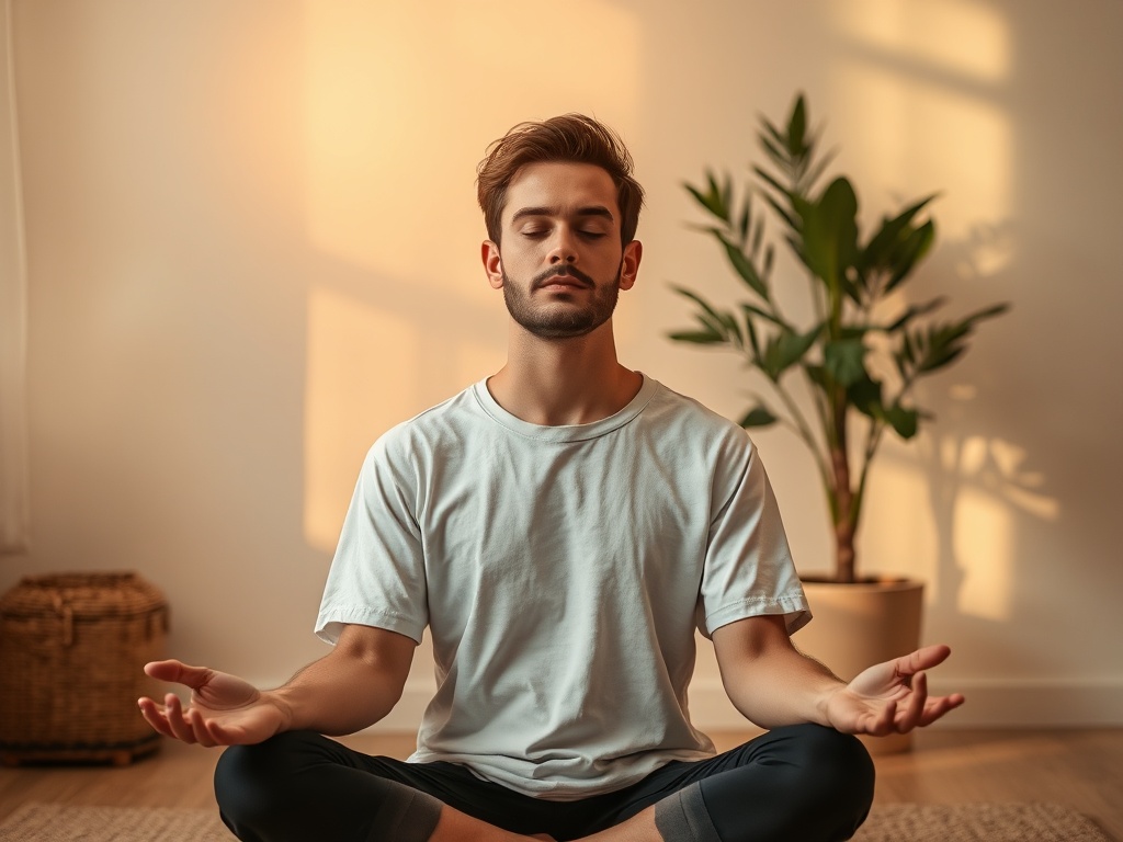 "serene person meditating" "soft golden morning light" "minimalist home space with plant" "warm neutral tones" "calm, focused expression"