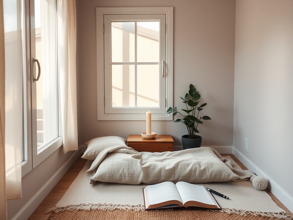 "Serene home meditation corner" "soft morning light through window" "simple cushion and folded blanket" "small wooden altar with candle and bowl" "potted green plant" "open journal and pen" "calm muted color palette"