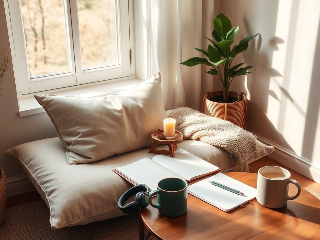 "serene home meditation corner" "soft morning light through window" "simple cushion, folded blanket, small wooden altar with candle and bowl" "open notebook, pen, wireless headphones" "potted green plant, steaming mug on low table" "calm neutral tones, wa