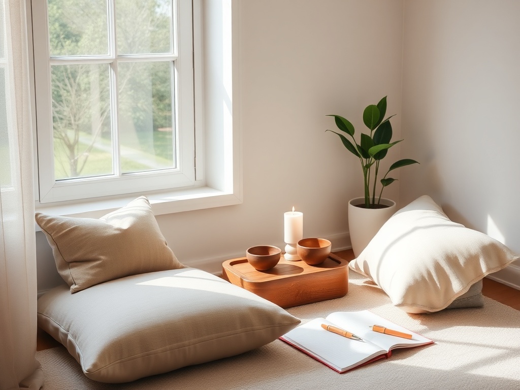 "Serene home meditation corner" "soft morning light through window" "simple cushion and folded blanket" "small wooden altar with candle and bowl" "potted green plant" "open journal and pen" "calm muted color palette"