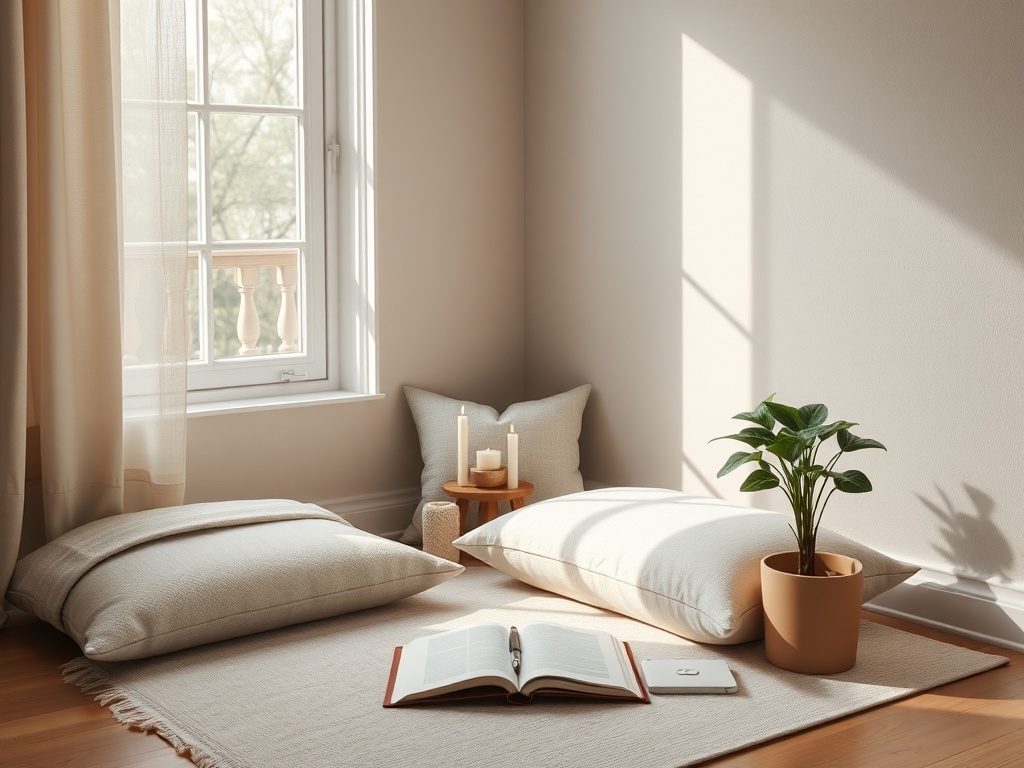 "Serene home meditation corner" "soft morning light through window" "simple cushion and folded blanket" "small wooden altar with candle and bowl" "potted green plant" "open journal and pen" "calm muted color palette"
