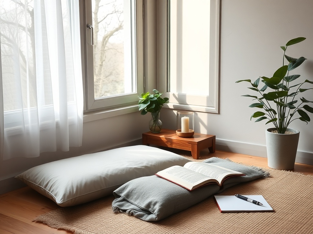 "Serene home meditation corner" "soft morning light through window" "simple cushion and folded blanket" "small wooden altar with candle and bowl" "potted green plant" "open journal and pen" "calm muted color palette"