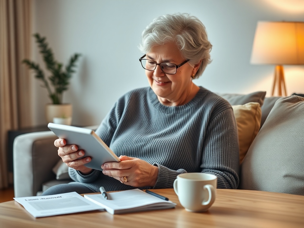 "elderly woman reading e-book on tablet" "cozy living room with warm light" "checklist papers and coffee cup on table" "soft neutral color palette"