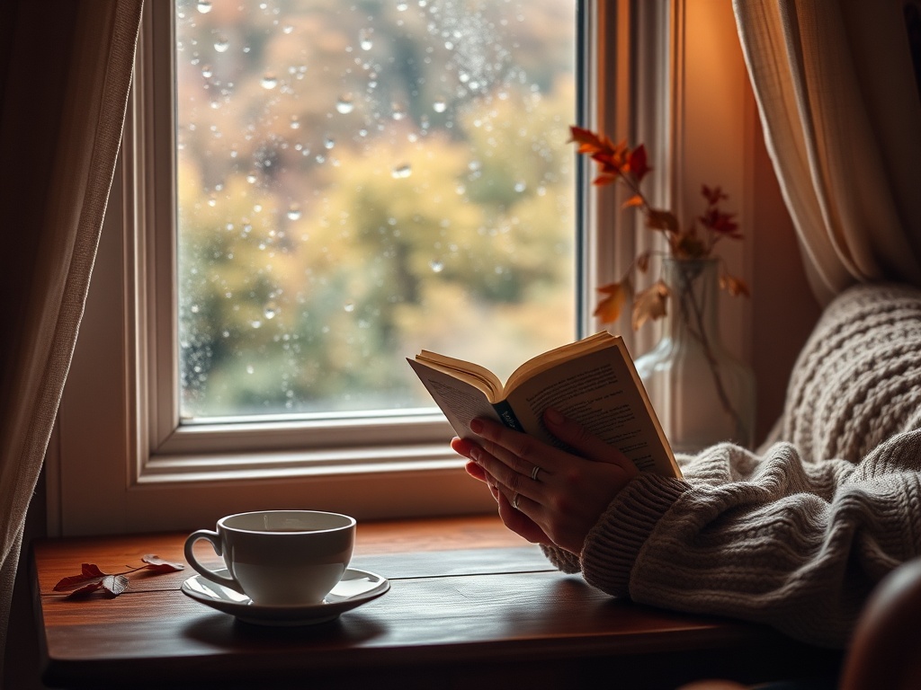 "Cozy reading nook" "soft warm lighting" "elderly hands holding a small book" "teacup on wooden table" "gentle window rain" "muted autumn colors"