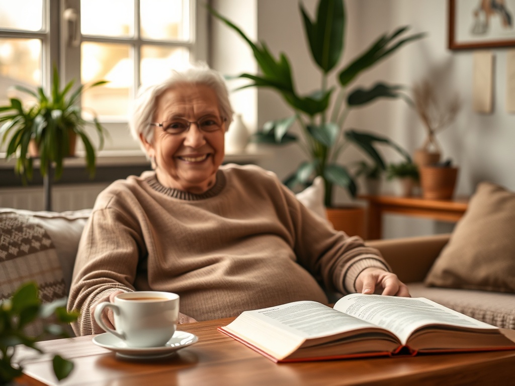 "elderly person" "serene living room" "soft warm light" "cup of tea on table" "open book" "calm gentle smile" "plants and window"
