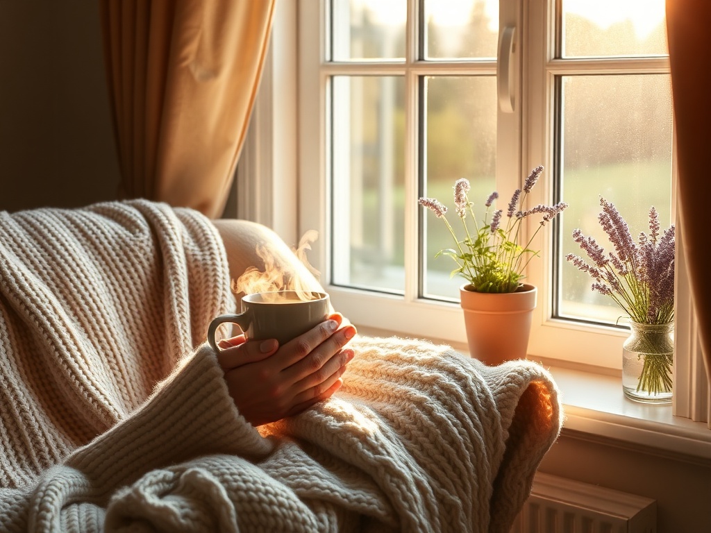 "Cozy armchair by sunlit window" "elderly hands holding a steaming mug" "soft knitted blanket draped" "potted lavender on sill" "gentle warm golden light"