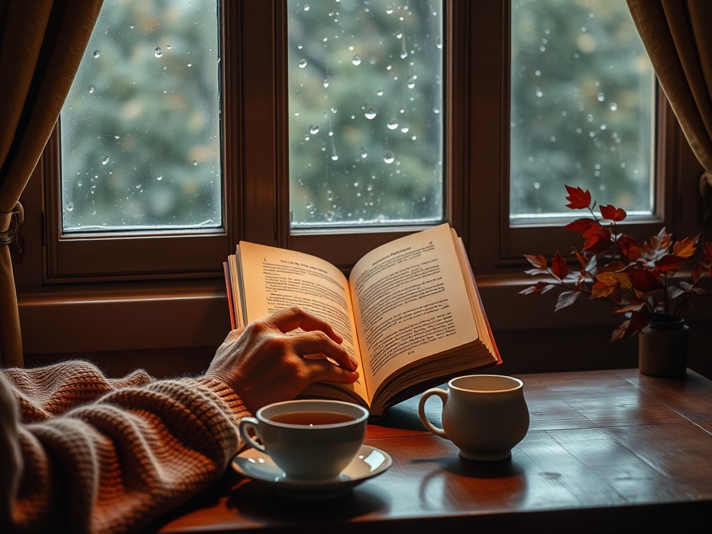 "Cozy reading nook" "soft warm lighting" "elderly hands holding a small book" "teacup on wooden table" "gentle window rain" "muted autumn colors"