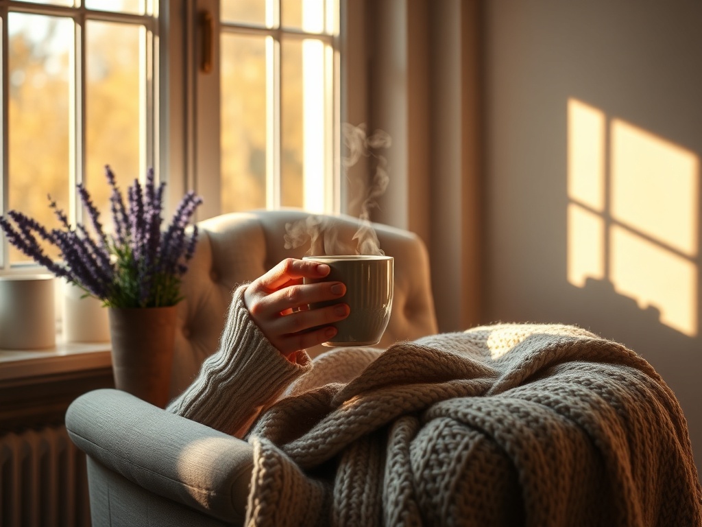"Cozy armchair by sunlit window" "elderly hands holding a steaming mug" "soft knitted blanket draped" "potted lavender on sill" "gentle warm golden light"