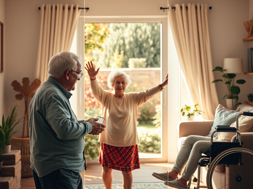 "Three-panel triptych" "soft warm palette" "elderly diverse couple reflecting" "exercise/stretching in garden" "cozy accessible living room with mobility aids" "checklist icons implied" "gentle sunlight" "calm hopeful atmosphere"