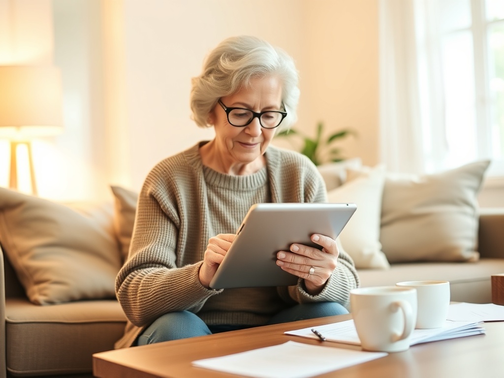 "elderly woman reading e-book on tablet" "cozy living room with warm light" "checklist papers and coffee cup on table" "soft neutral color palette"