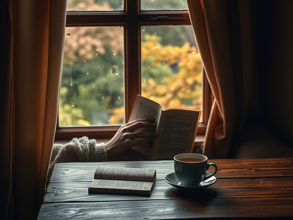 "Cozy reading nook" "soft warm lighting" "elderly hands holding a small book" "teacup on wooden table" "gentle window rain" "muted autumn colors"