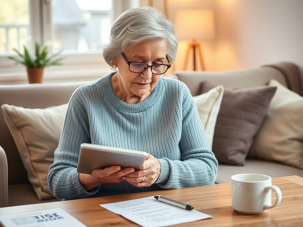"elderly woman reading e-book on tablet" "cozy living room with warm light" "checklist papers and coffee cup on table" "soft neutral color palette"