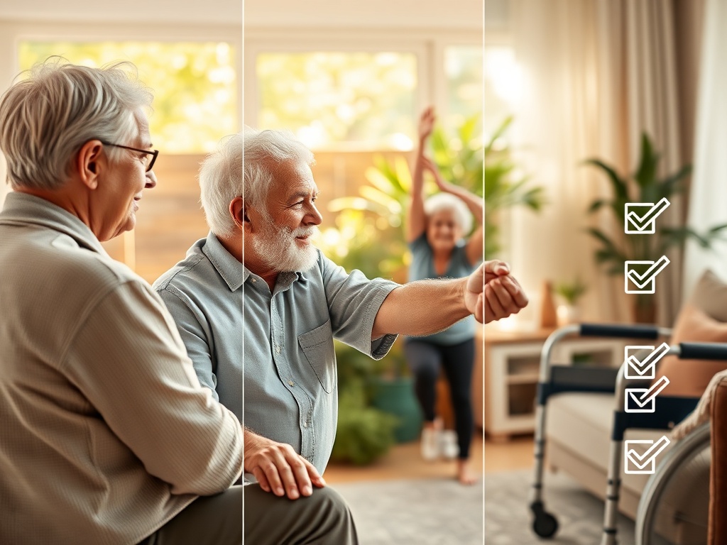 "Three-panel triptych" "soft warm palette" "elderly diverse couple reflecting" "exercise/stretching in garden" "cozy accessible living room with mobility aids" "checklist icons implied" "gentle sunlight" "calm hopeful atmosphere"
