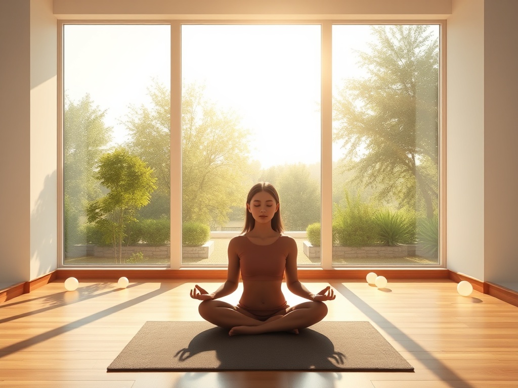 A serene, sunlit meditation room with a transparent window showing a calm garden; a person sits in lotus pose, eyes soft, surrounded by gently glowing orbs.