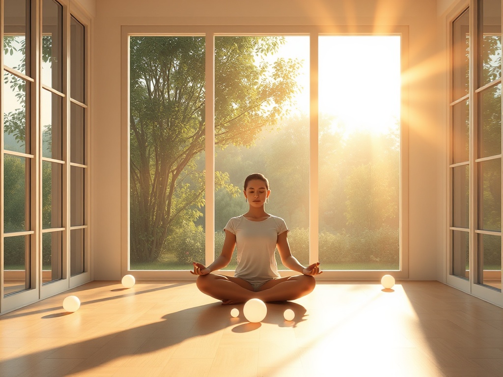 A serene, sunlit meditation room with a transparent window showing a calm garden; a person sits in lotus pose, eyes soft, surrounded by gently glowing orbs.