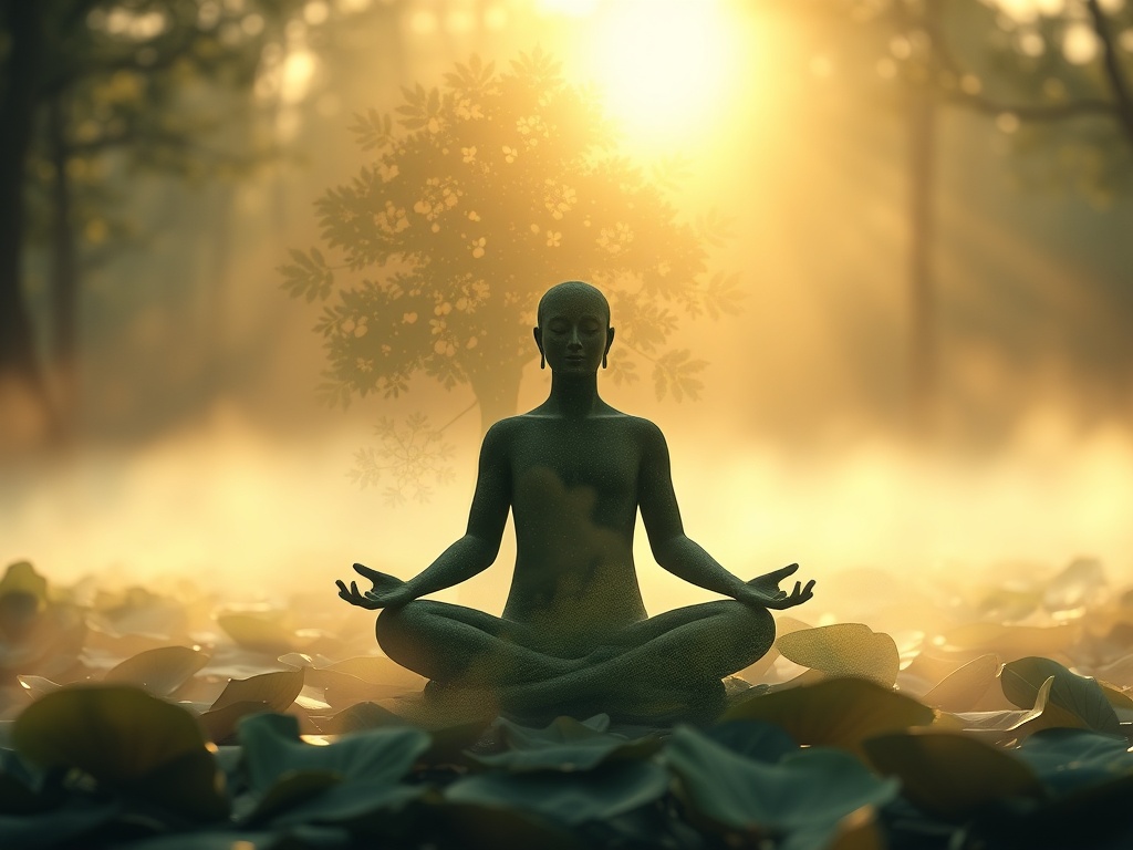 "A serene meditative scene revealing hidden layers