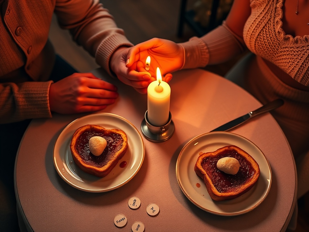 "cozy candlelit dining table for two" "soft warm lighting" "simple elegant plates with homemade French toast" "couple's hands touching" "intimate playful atmosphere" "scattered recipe cards and game tokens"