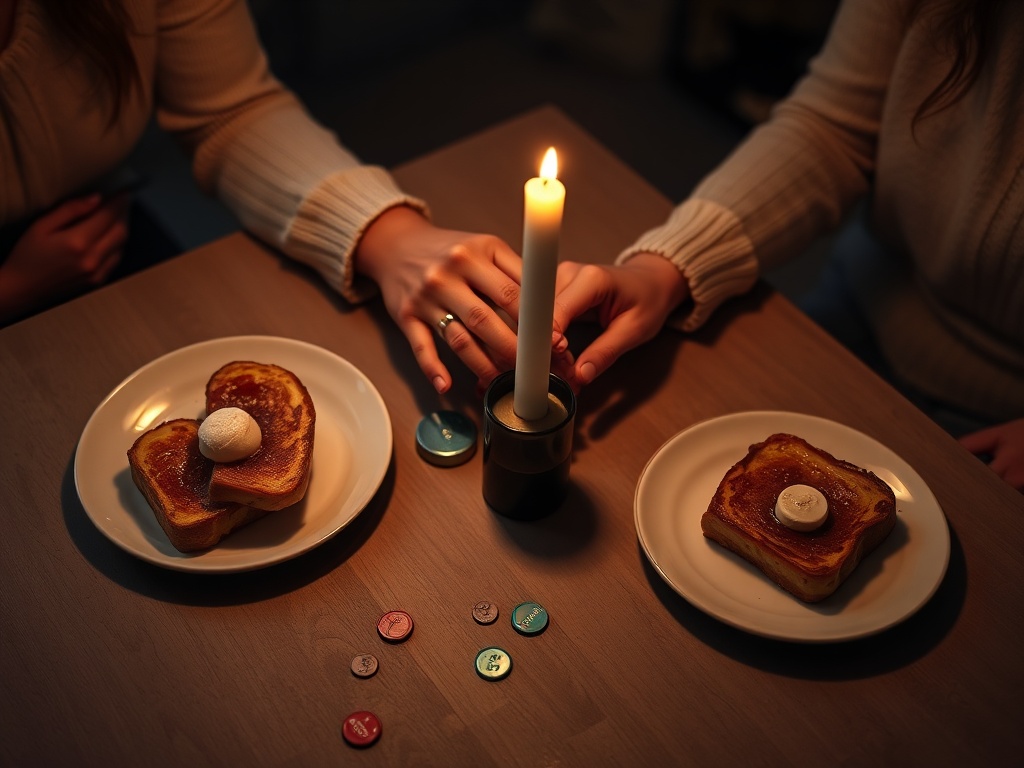 "cozy candlelit dining table for two" "soft warm lighting" "simple elegant plates with homemade French toast" "couple's hands touching" "intimate playful atmosphere" "scattered recipe cards and game tokens"