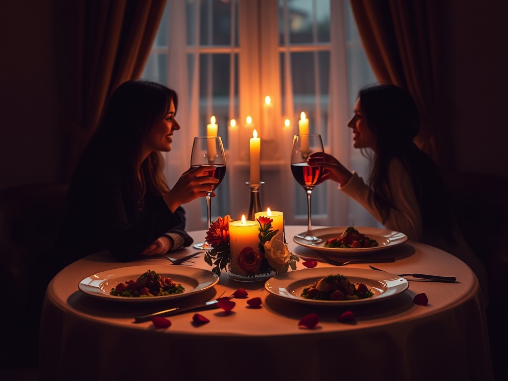 "Cozy candlelit dining table for two" "soft warm lighting" "three elegant plated courses" "wine glasses clinking" "flowers and scattered rose petals" "couple silhouettes smiling, intimate atmosphere"