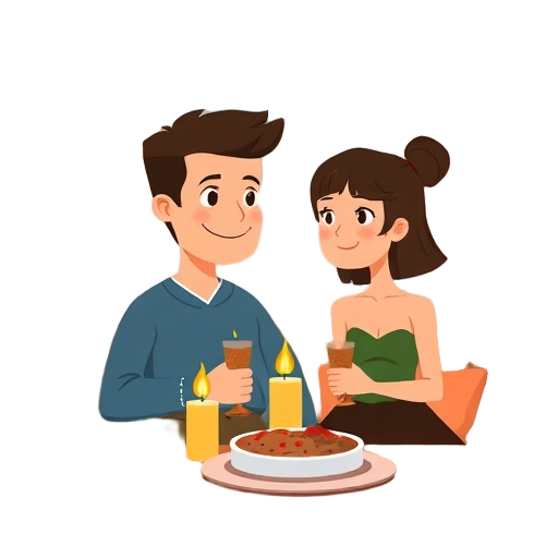 "couple candlelight" "cozy livingroom" "3-course meal"