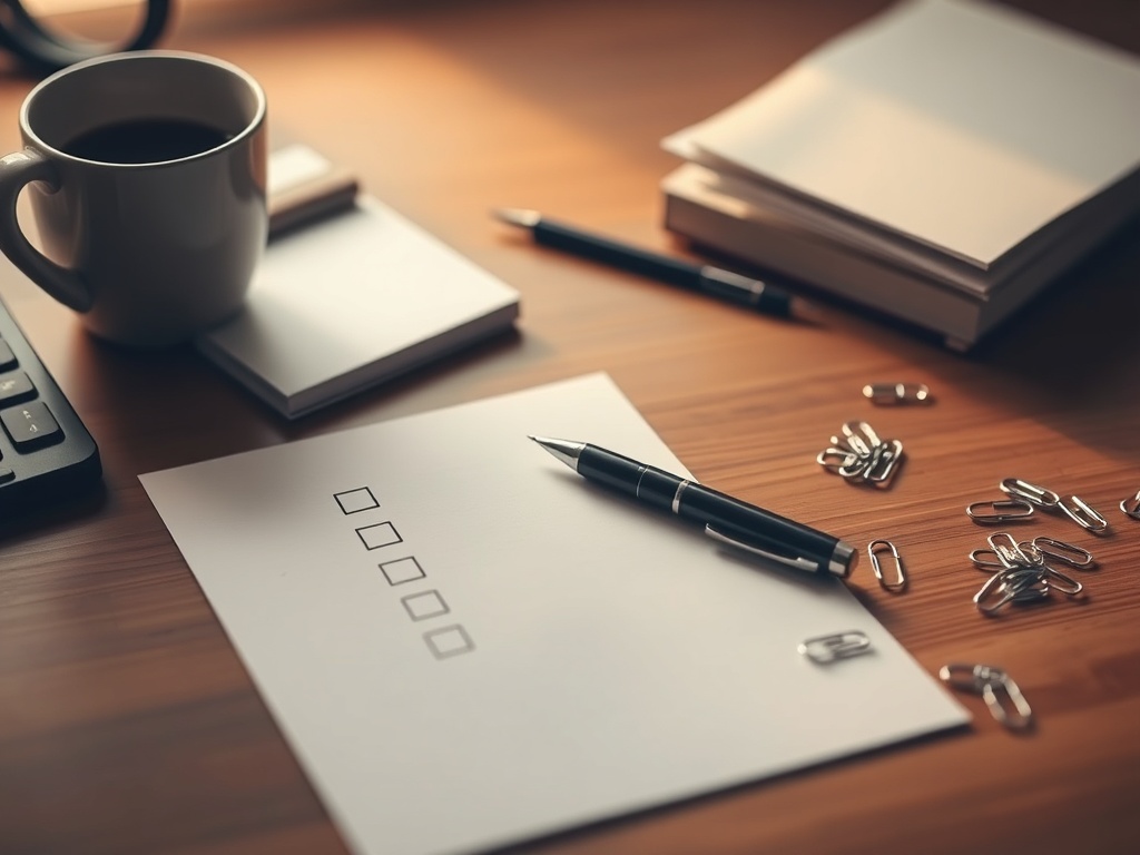 "minimalist checklist on wooden desk" "soft morning light" "pen, coffee cup, scattered paper clips" "warm muted tones, shallow depth of field"