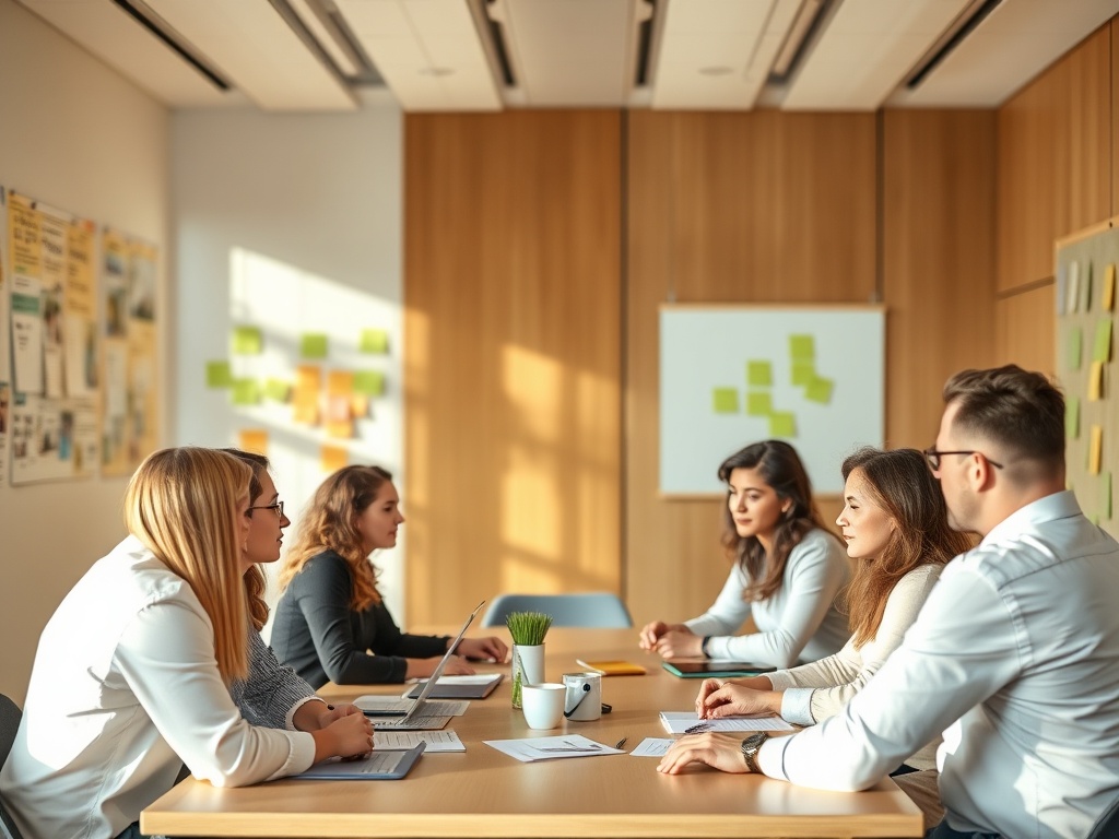 "A warm modern training room" "diverse professionals engaged around a table" "posters and sticky notes blurred on walls" "soft natural light, focused faces" "calm productive atmosphere"