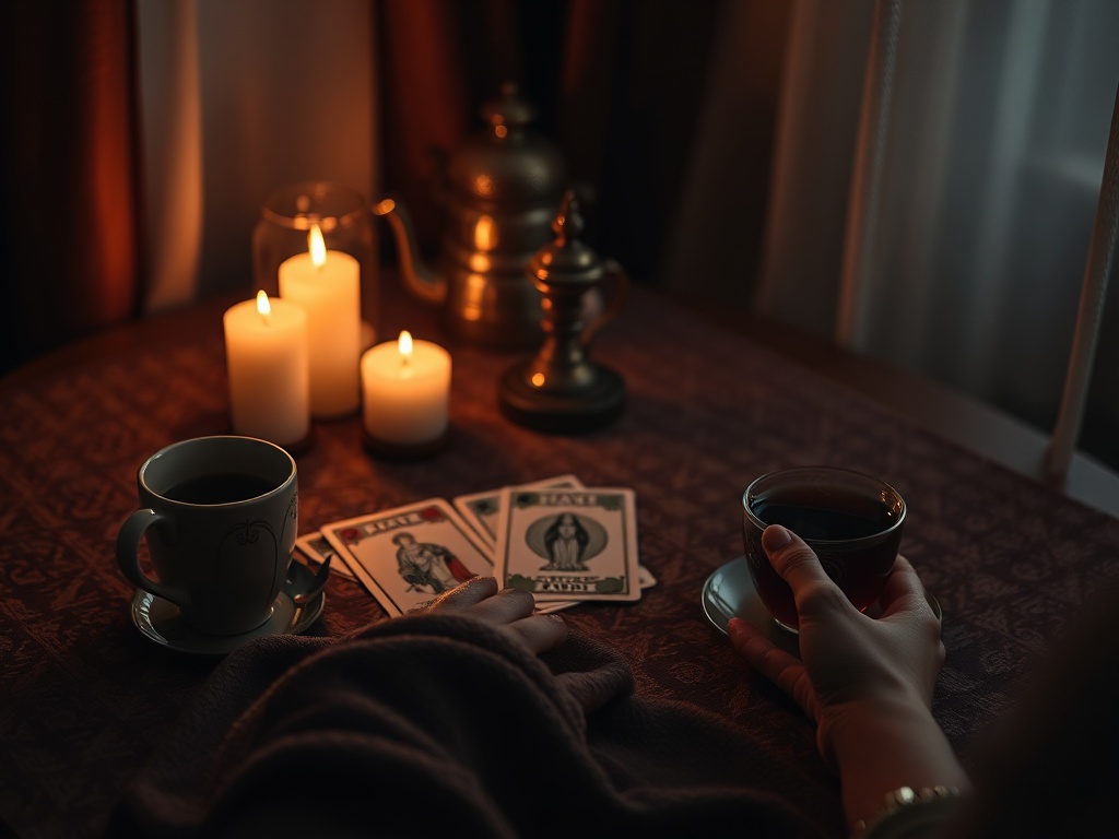 "cozy private tarot reading table" "soft warm candlelight" "three tarot cards laid face-up" "cup of tea steaming" "hand reaching gently toward cards" "gentle shadowed room, intimate comforting atmosphere"