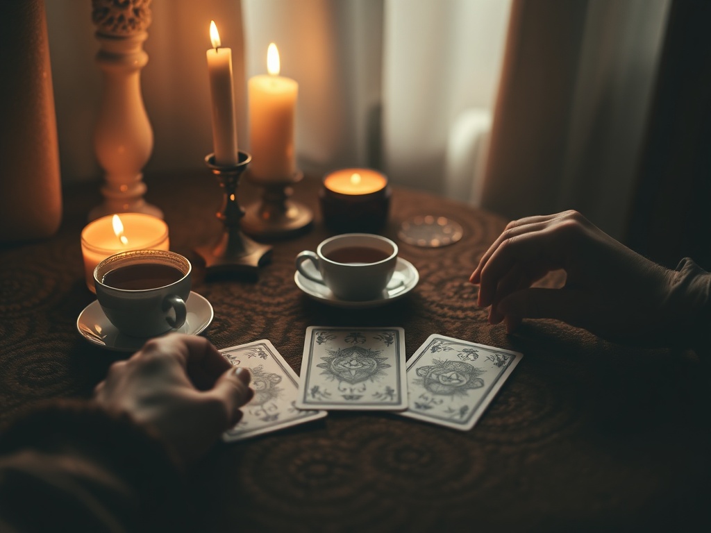"cozy private tarot reading table" "soft warm candlelight" "three tarot cards laid face-up" "cup of tea steaming" "hand reaching gently toward cards" "gentle shadowed room, intimate comforting atmosphere"