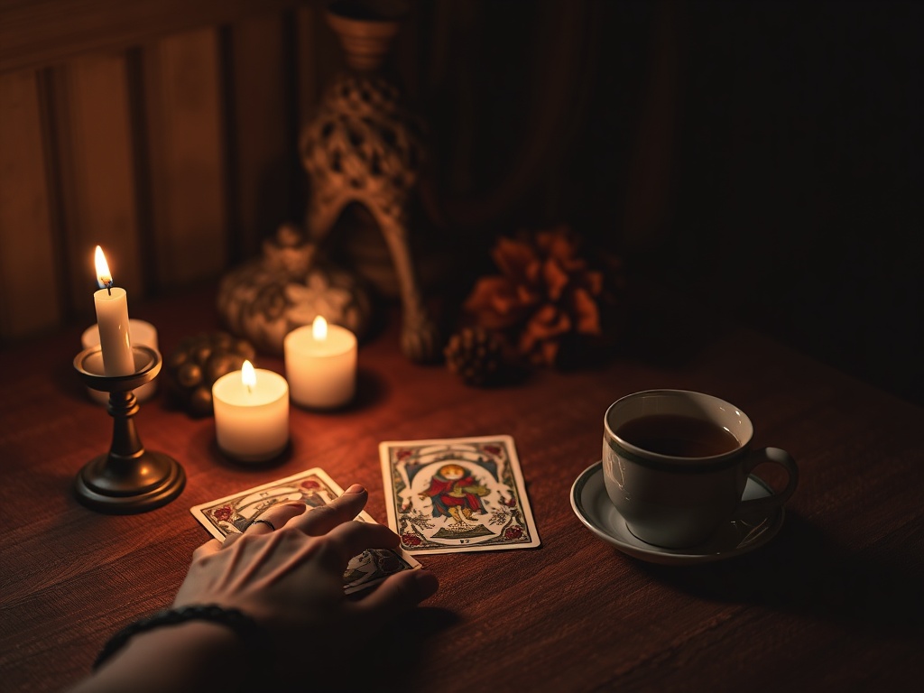 "cozy private tarot reading table" "soft warm candlelight" "three tarot cards laid face-up" "cup of tea steaming" "hand reaching gently toward cards" "gentle shadowed room, intimate comforting atmosphere"